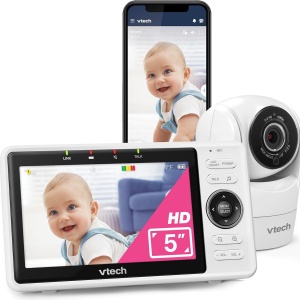 VTech VM901 Wi-Fi Remote Access 1080p FHD Pan & Tilt Smart Baby Monitor with 5-inch Display, On-Board Recording, Motion Detection, Sound/Temp Alerts, HD Night Vision, Lullabies, 2-Way Talk, and Wide-Angle Lens